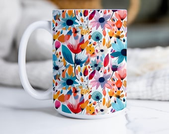 Large Colorful Floral Ceramic Coffee Mug, 15oz Coffee Cup with Wild Flowers, Gift for Favorite Teacher, Coffee Lover, Floral Print