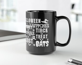 Taza de cerámica negra de gran tamaño para Halloween, taza de café grande de temporada espeluznante, taza espeluznante, cosecha de otoño, Latte de especias de calabaza de otoño