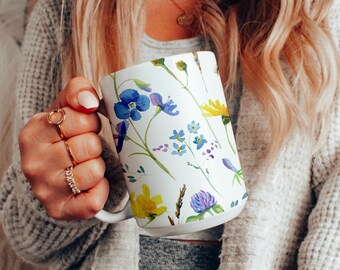 Large Colorful Floral Ceramic Coffee Mug, 15oz Coffee Cup with Wild Flowers, Gift for Favorite Teacher, Coffee Lover, Floral Print