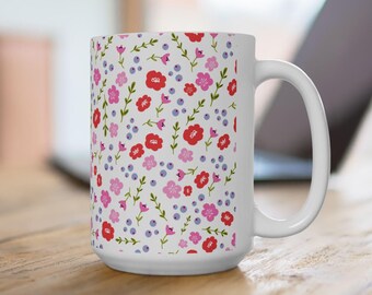 Große bunte rosafarbene Blumenkeramik-Kaffeetasse, 15-Unzen-Kaffeetasse mit wildem Blumen-Druck, Geschenk für Lieblingslehrer, Kaffeeliebhaber