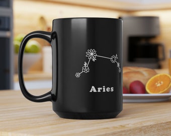 Oversized Wildflower Aries Zodiac Black Mug, Large 15oz Boho Coffee Cup, Gift for Coffee Lover, Black & White Design, Aries Birthday Gift