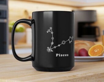 Taza negra del zodiaco de Piscis de flores silvestres de gran tamaño, taza de café Boho grande de 15 oz, regalo para los amantes del café, diseño en blanco y negro, regalo de cumpleaños de Piscis