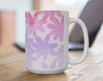 Große rosa und lila Blumenkeramik Kaffeetasse, 15 Unzen Kaffeetasse mit wilden Blumen, Geschenk für Lieblingslehrer, Kaffeeliebhaber, Gänseblümchen-Druck