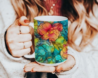 Oversized Colorful Abstract Flower Ceramic Mug, Large 15oz Coffee Cup with Wild Flowers, Coffee Lover, Floral Print Gift
