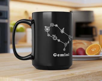 Taza negra del zodiaco Géminis de flores silvestres de gran tamaño, taza de café Boho grande de 15 oz, regalo para los amantes del café, diseño en blanco y negro, regalo de cumpleaños de Géminis