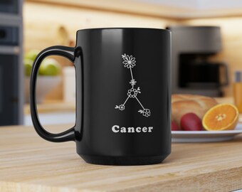 Taza negra del zodiaco del cáncer de flores silvestres de gran tamaño, taza de café Boho grande de 15 oz, regalo para el amante del café, diseño en blanco y negro, regalo de cumpleaños del cáncer