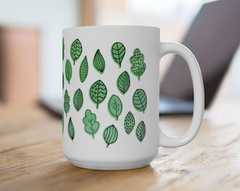 XL Keramik Tasse mit grünen Blättern, Pflanzen, Pflanzen, große Kaffeetasse für Gandener, Pflanzendame, Gartenfreundin, Geschenk für Pflanzenliebhaber, grüne Kunst