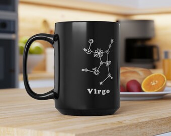 Taza negra del zodiaco Virgo de flores silvestres de gran tamaño, taza de café Boho grande de 15 oz, regalo para los amantes del café, diseño en blanco y negro, regalo de cumpleaños de Virgo