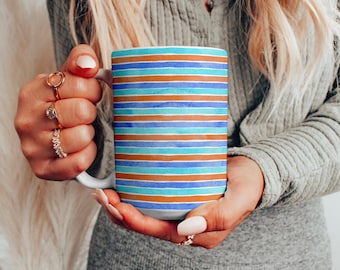 Oversized Colorful Watercolor Stripes Mug, Large Art Coffee Mug, Beach House Decor, Gift for Her, Pretty Coffee or Latte Cup, Kitchen Decor
