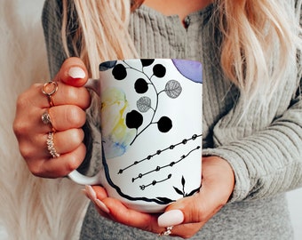 Bunte Abstrakte Aquarell Keramik Tasse 15 Unzen, Große Bunte Kunst Kaffeetasse, Geburtstagsgeschenk, Geschenk für Sie, Geschenk für Frauen, Hübsche Kaffeetasse