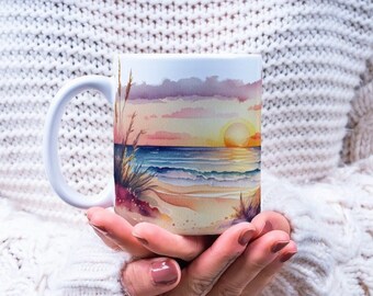 Taza de cerámica con diseño de puesta de sol de acuarela, taza grande de 15 oz, taza de playa colorida, taza de café, regalo para amantes del café