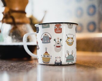 Taza de campamento de esmalte robot, taza de esmalte de 12 oz, taza de café, regalo de amor de café, regalo del día del padre