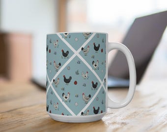 Farmhouse Chickens pattern Mug | Chicken and Egg Ceramic Coffee Cup
