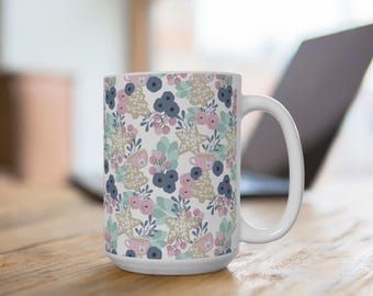 Cozy Candy Christmas Sugar Cookie Pastel Floral Pattern Mug 15oz | Pink Blue Garden Flowers Ceramic