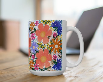 Oversized Colorful Boho Abstract Flower Ceramic Mug 15oz, Large Coffee Cup with Pink Floral Design, Flower Power, Birthday Gift Him Her