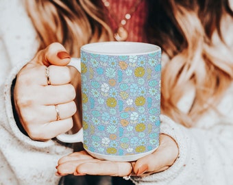 Oversized Colorful Abstract Retro Flower Ceramic Mug 15oz, Large Coffee Cup Blue 60's Floral Design, Flower Power, Birthday Gift for Women