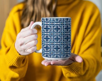 Oversized Blue Mediterranean Tile Ceramic Mug, Large Blue Watercolor Pattern Coffee Cup, Mediterranean Deco Tile Latte Mug, Gift for Her Him