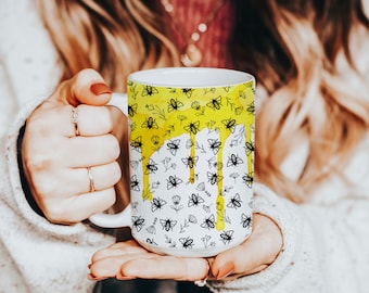 Oversized Honey Bee Ceramic Mug, Large 15oz Cute Yellow Bumble Bee Coffee Cup, Save the Bees, Birthday Gift for Gardener, Flowers Bee Garden