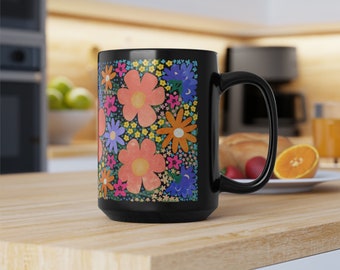 Oversized Colorful Boho Abstract Flower Ceramic Mug 15oz, Large Coffee Cup with Pink Floral Design, Flower Power, Birthday Gift Him Her