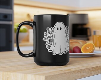 Taza de cerámica de fantasma de flor de Halloween negra de gran tamaño, taza de café de temporada espeluznante grande, taza espeluznante, cosecha de otoño, latte de especias de calabaza de otoño