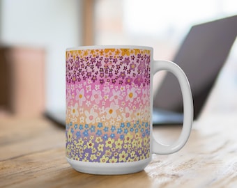 Colorful Retro Floral Pattern Mug | Rainbow Daisy Stripes, 15oz Ceramic