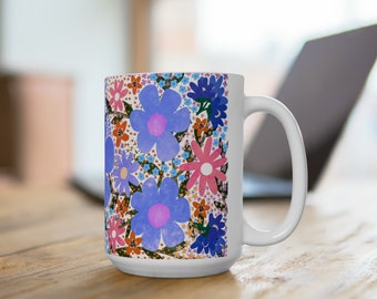 Oversized Ceramic Coffee Mug, Colorful Floral Design, Boho Abstract, 15oz