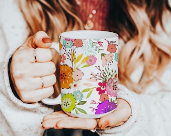Large Colorful Floral Ceramic Coffee Mug, 15oz Coffee Cup with Wild Flowers, Gift for Favorite Teacher, Coffee Lover, Floral Print
