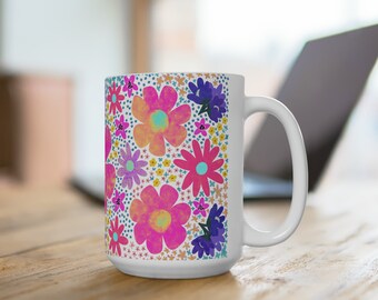 Oversized Colorful Boho Abstract Flower Ceramic Mug 15oz, Large Coffee Cup with Pink Floral Design, Flower Power, Birthday Gift Him Her