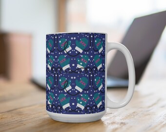 Teal Mittens Pattern Mug | Winter Snowflake Holiday Ceramic 15oz
