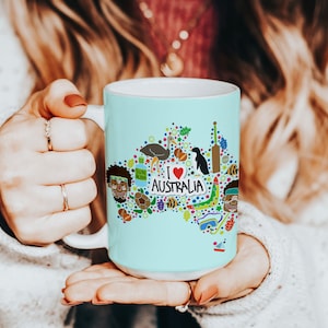 Tasse à café en céramique colorée d'Australie, tasse à café de 15 oz avec carte vers le bas, cadeau pour professeur préféré, amateur de café, kangourou, imprimé Koala