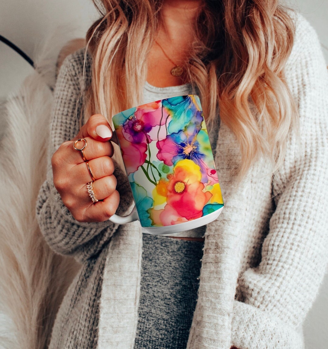 Oversized Colorful Abstract Flower Ceramic Mug, Large 15oz Coffee Cup ...