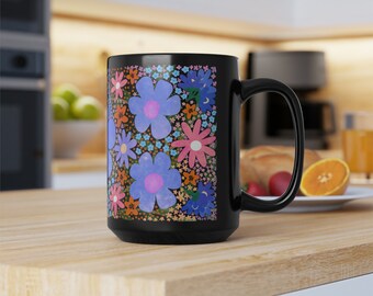 Oversized Colorful Boho Abstract Flower Ceramic Mug 15oz, Large Coffee Cup with Pink Floral Design, Flower Power, Birthday Gift Him Her