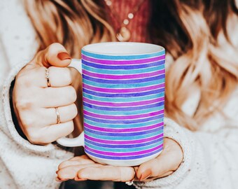 Oversized Colorful Watercolor Stripes Mug, Large Art Coffee Mug, Beach House Decor, Gift for Her, Pretty Coffee or Latte Cup, Kitchen Decor
