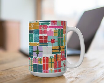 Colorful Stacked Gift Boxes Mug | Holiday Present Pattern, 15oz Ceramic