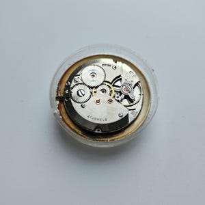 Może przedstawiać: Zbliżenie mechanizmu zegarka z widocznymi kołami zębatymi, kamieniami i tekstem "SWISS" i "21 JEWELS". Mechanizm jest zamknięty w przezroczystej, okrągłej plastikowej obudowie. Metalowe elementy mają srebrne wykończenie.