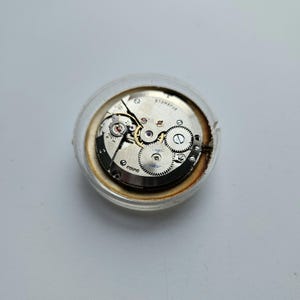Może przedstawiać: Zbliżenie mechanizmu zegarka, ukazujące skomplikowane koła zębate, sprężyny i inne elementy mechaniczne. Mechanizm jest zamknięty w przezroczystym, okrągłym plastikowym pojemniku. Mechanizm zegarka jest oznaczony jako "SWISS" i "21 JEWELS".