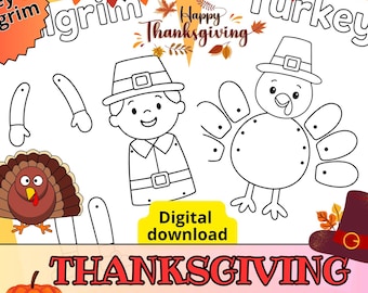 Utskrivbara Thanksgiving-pyssel för barn, Kalkondocka med led, Pilgrim-kreativ docka, höstfestaktivitet med gör-det-själv, Thanksgiving-prydnad