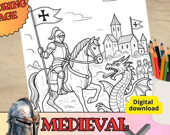Medieval Knight and dragon Coloring Page, Heroic templar Knight printable, chivalry scene mandala for adult, Historical creative activity