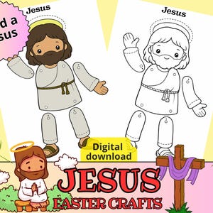 Może przedstawiać: Cyfrowe pobranie przedstawiające dwie papierowe lalki Jezusa, jedną kolorową i jedną obrysowaną, z tekstem "Build a Jesus". Obraz zawiera również krzyż, słowa "Jesus Easter Crafts" i małą ilustrację Jezusa.