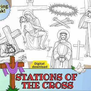 Op de afbeelding: Zwart-wit illustraties van de Staties van de Kruisweg, waaronder Jezus die het kruis draagt, een doornenkroon, spijkers en een kruis. De woorden "Coloring book!" en "Digital download" zijn ook zichtbaar.