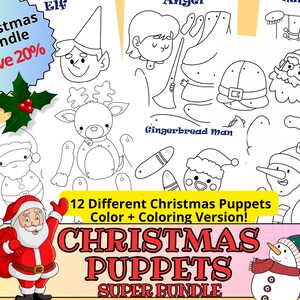 Puede incluir: Un conjunto de marionetas navideñas, que incluyen un elfo, un ángel y un muñeco de nieve, con el texto "Christmas Puppets Super Bundle". La imagen también incluye el texto "Save 20%" y "12 Different Christmas Puppets Color + Coloring Version!"