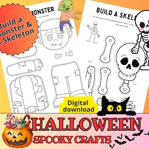 Può includere: Fogli di artigianato a tema Halloween con istruzioni per costruire un mostro e uno scheletro. I fogli presentano illustrazioni in bianco e nero di parti di mostri, uno scheletro e il testo "Build a monster & a Skeleton". Sono inclusi anche una zucca con caramelle e le parole "Halloween Spooky Crafts".