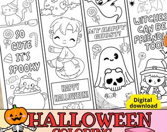 Halloween Coloring Bookmarks Printable, Cute Spooky Bookmarks to Color for Kids, Jack O Lantern Ghost Craft, Classroom creative Activity PDF