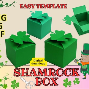 Plantilla de caja de trébol, caja de regalo del Día de San Patricio, archivo de corte de caja de trébol, caja de regalo de duende, manualidades creativas de Irlanda, impresión de trébol de la suerte