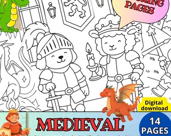 14 páginas para colorir com animais medievais aconchegantes, castelo de cavalaria em papel para artesanato, cavaleiro templário heroico para imprimir, mandala de dragão, atividade da Idade Média