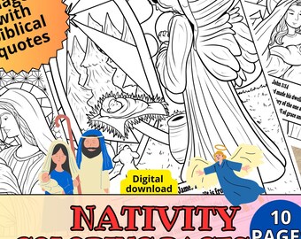 Desenhos para colorir do Presépio com versículos bíblicos, 10 imprimíveis cristãos de Natal, folhas para colorir do nascimento de Jesus, atividade religiosa para adolescentes.