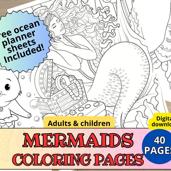 40 Mermaid Coloring Pages Bundle for kids & adults, Mermay Printables, Summer Coloring Sheets, Party Coloring Pages, Underwater Princess