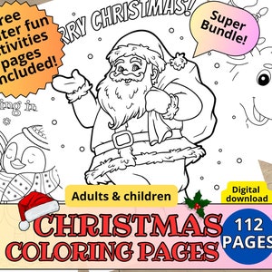 Könnte beinhalten: Eine Schwarzweißillustration von Weihnachtsmann, der einen Sack mit Geschenken trägt. Das Bild ist Teil eines Sets mit 112 Weihnachtsmalvorlagen für Erwachsene und Kinder. Der Text "Frohe Weihnachten!" ist in einer festlichen Schriftart oben auf der Seite geschrieben.