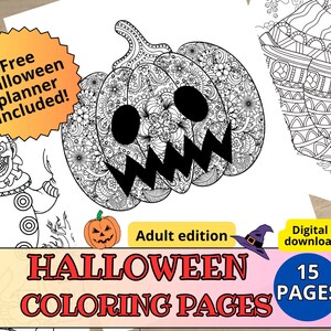15 Halloween Coloring Pages for adults, Spooky Printable, Stress Relief coloring book, Fall Coloring Sheets, autumn pumpkin, Halloween party