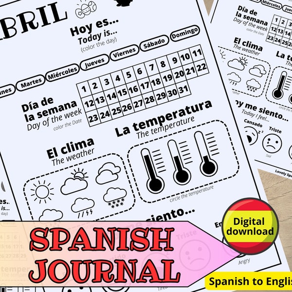 Spanish Monthly Emotion Worksheets for kids, 12 Spanish Calendar, Monthly Mood and Weather Tracker, Daily Homeschool, Climate Tracker pages